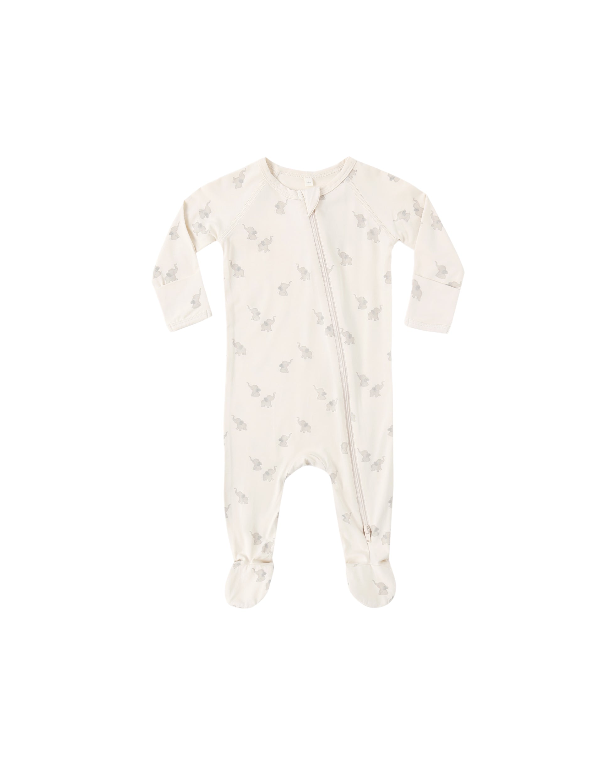 Natural bamboo zip footie for babies featuring adorable elephant designs by Quincy Mae, soft and comfortable for little ones.