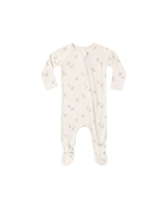 Quincy Mae elephants bamboo zip footie in natural color with elephant pattern, soft and cozy for babies.