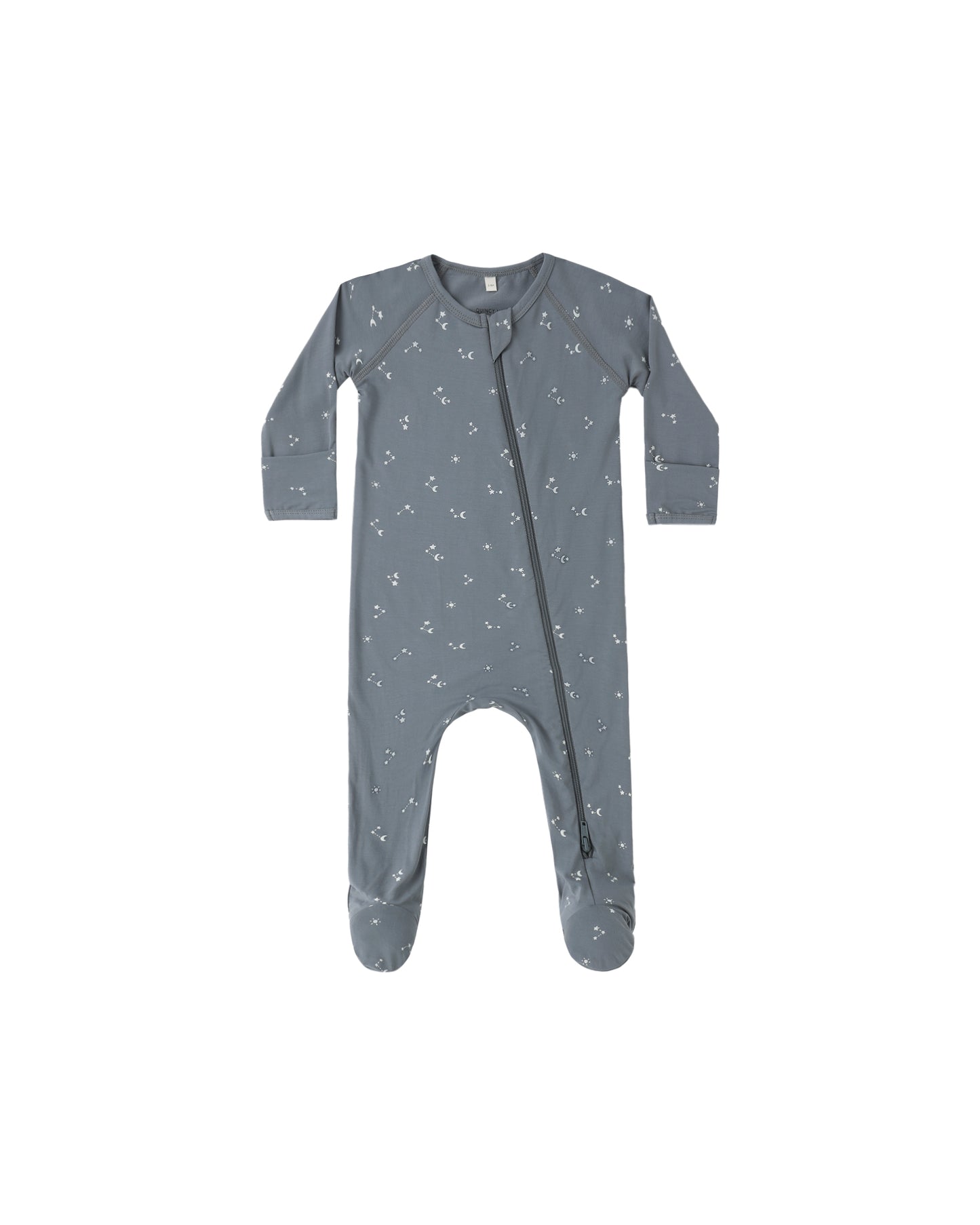 Quincy Mae Starlight Bamboo Zip Footie in ocean color, soft baby romper with zipper and long sleeves, made from bamboo fabric.