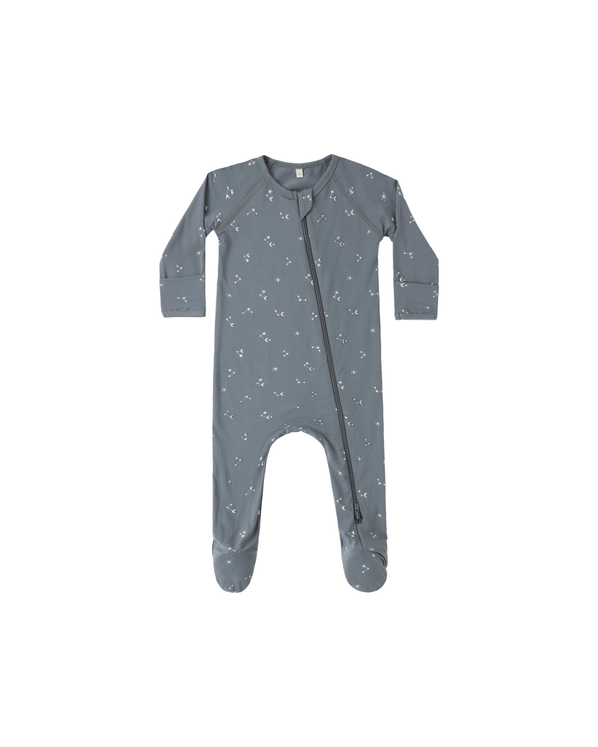 Quincy Mae Starlight Bamboo Zip Footie in ocean color, soft baby romper with zipper and long sleeves, made from bamboo fabric.