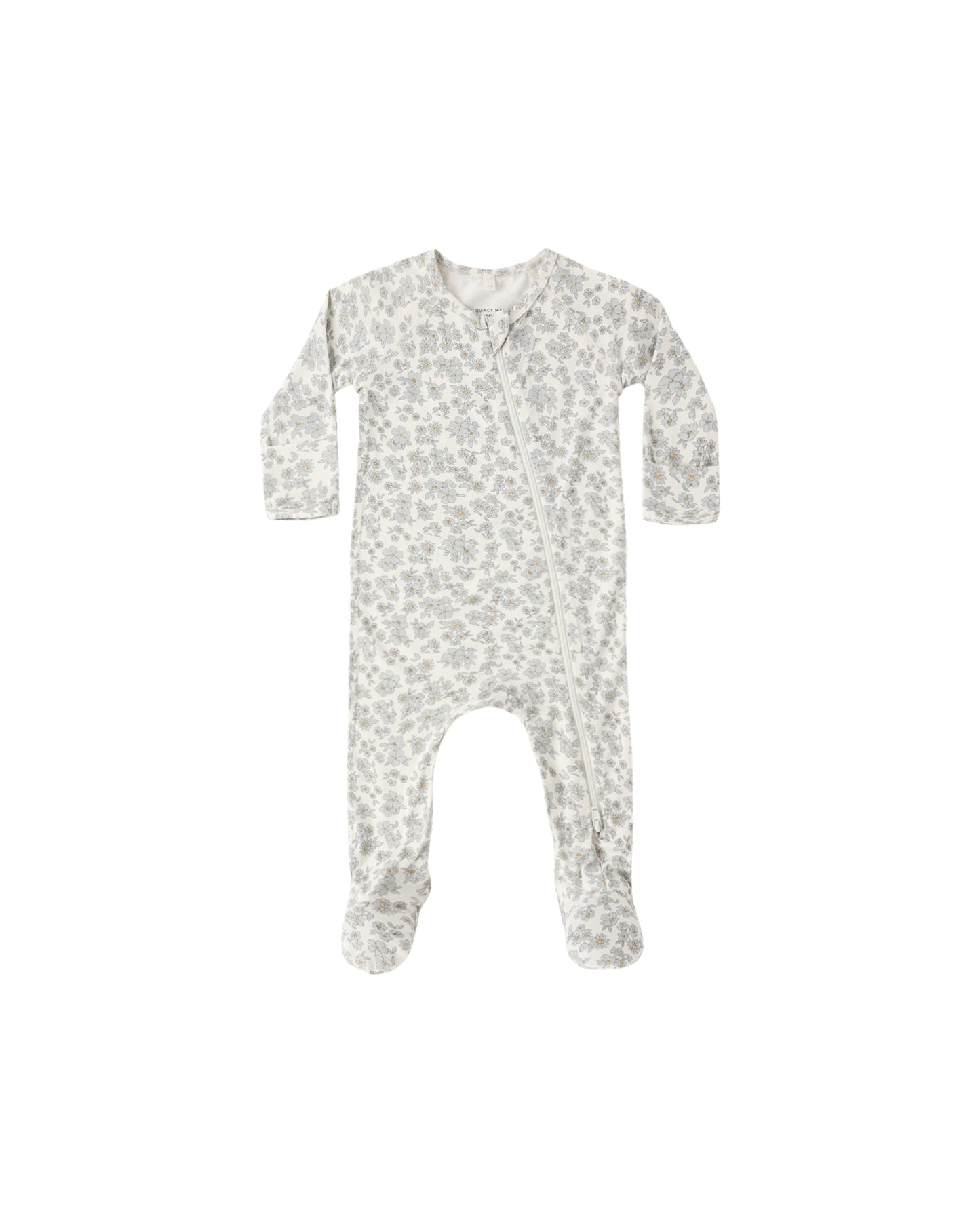 Blue floral bamboo zip footie by Quincy Mae featuring a soft fabric, floral pattern, and front zipper for easy dressing.