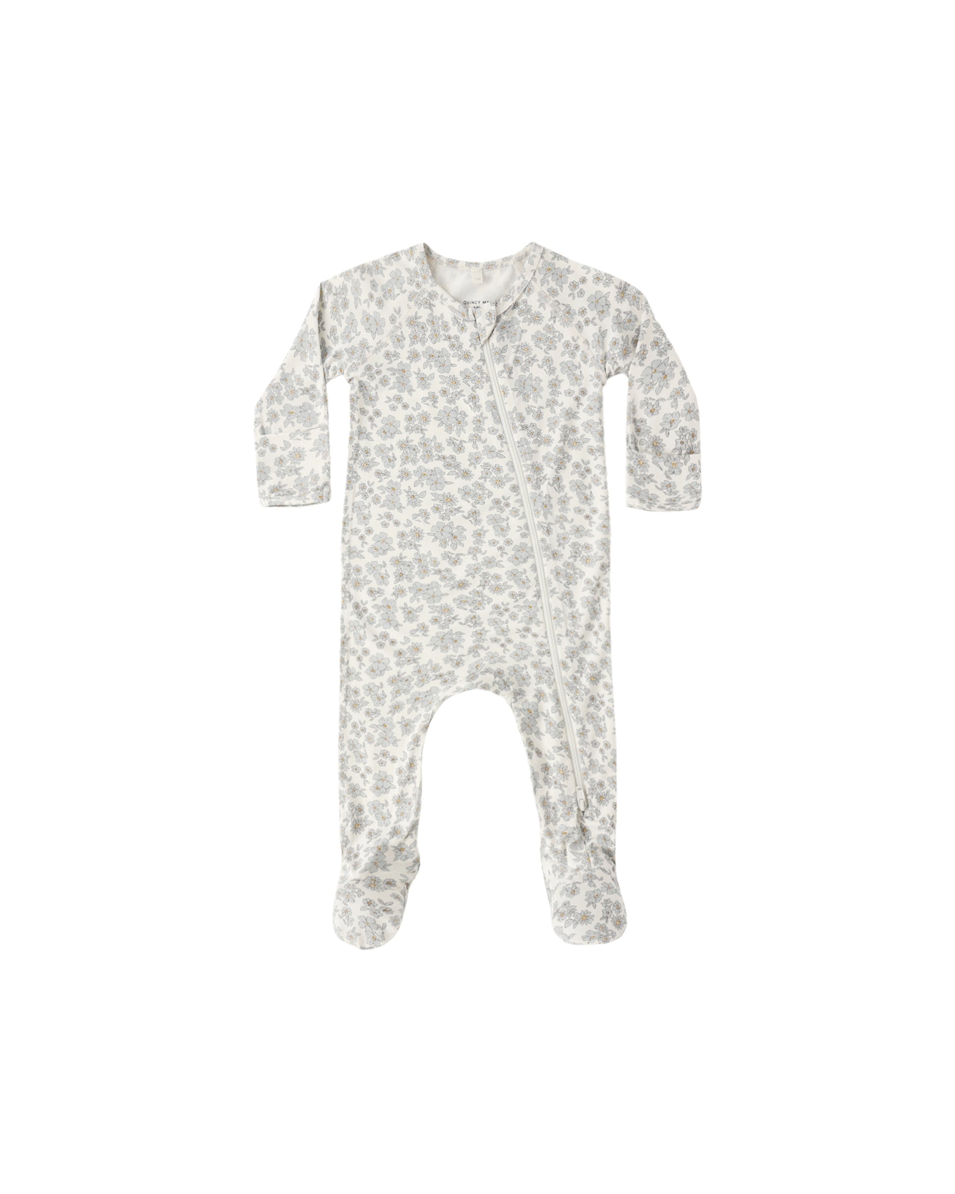 Blue floral bamboo zip footie by Quincy Mae featuring a soft fabric, floral pattern, and front zipper for easy dressing.