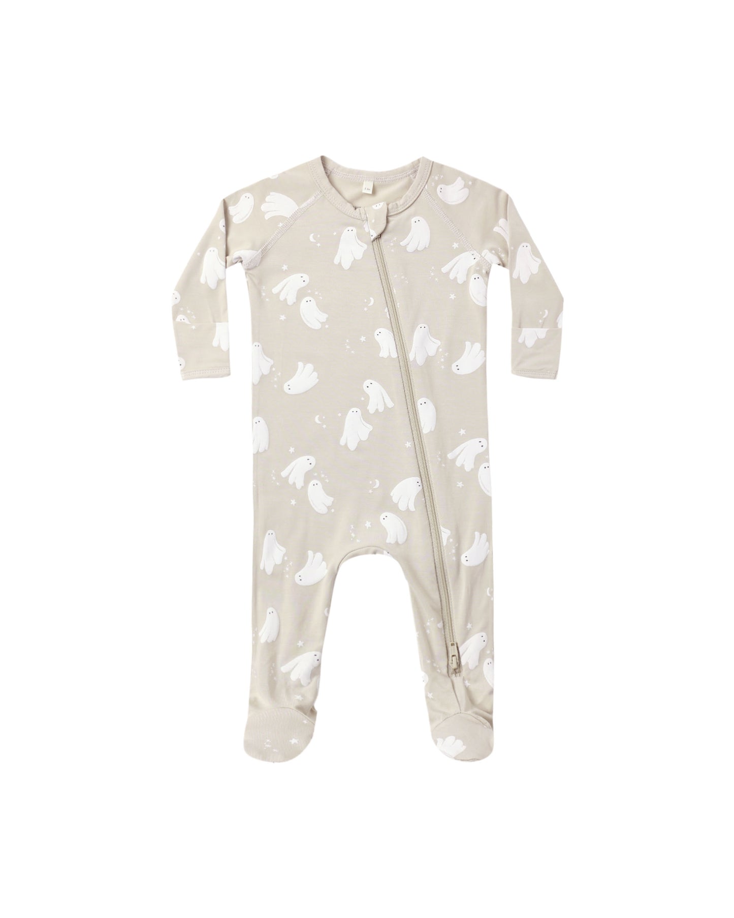 Dancing Ghost Bamboo Zip Footie by Quincy Mae in warm grey, featuring a cozy bamboo fabric and zipper front for easy dressing.