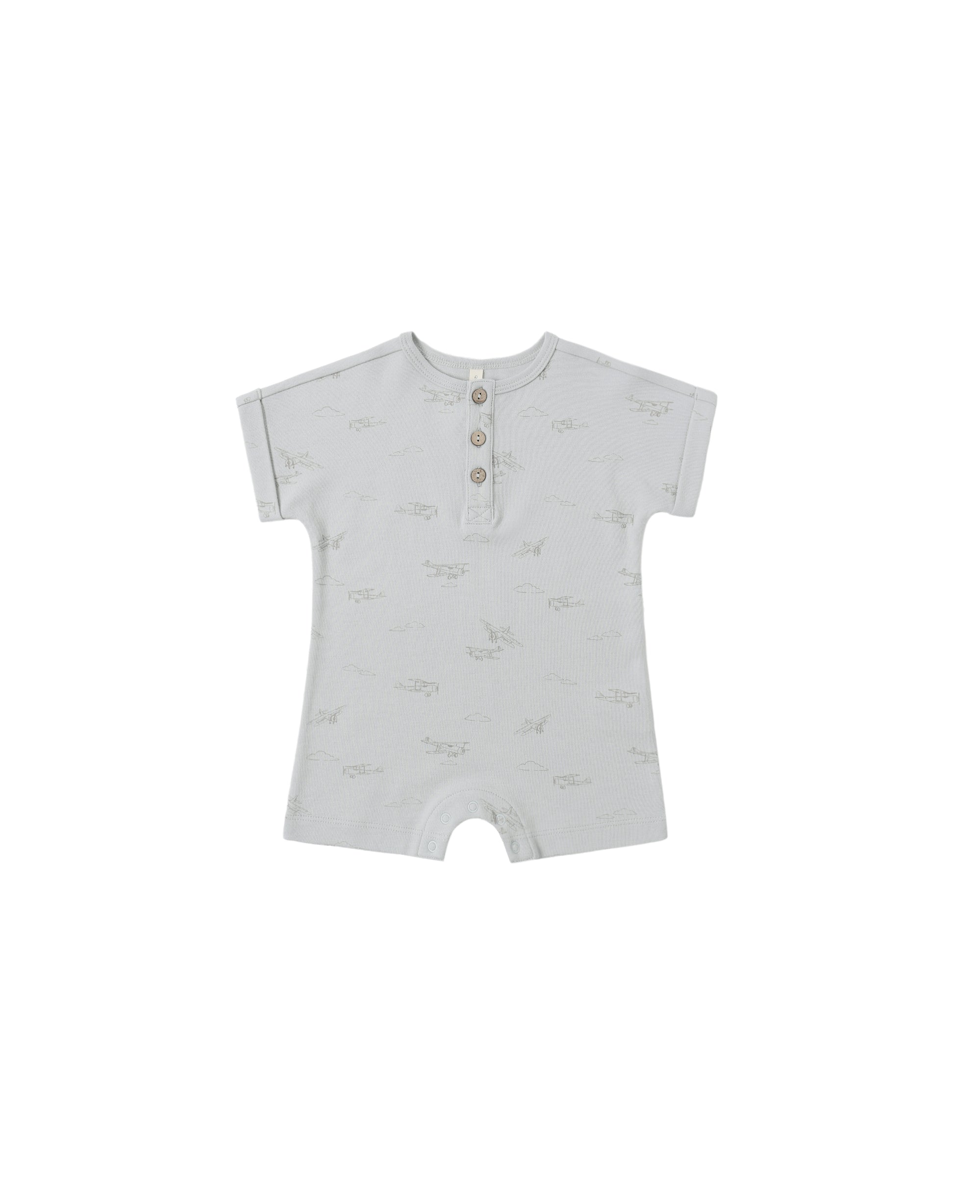 Quincy Mae airplanes print short sleeve one-piece for babies, featuring a sky blue background and playful airplane design.