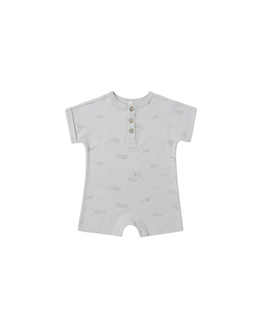 Quincy Mae airplanes print short sleeve one-piece for babies, featuring a sky blue background and playful airplane design.