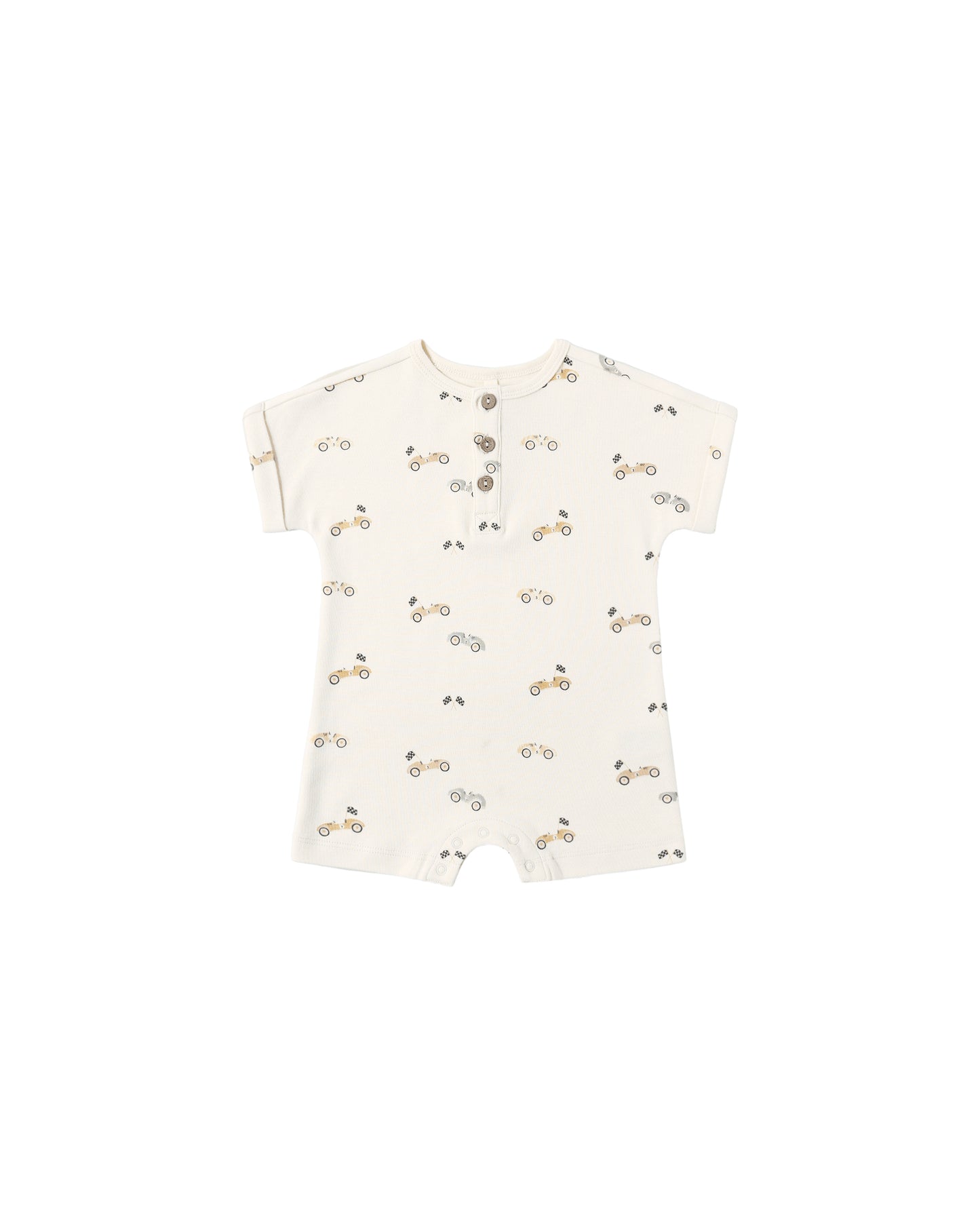 Natural-colored Quincy Mae race car short sleeve one-piece for babies, featuring a playful race car design on soft fabric.