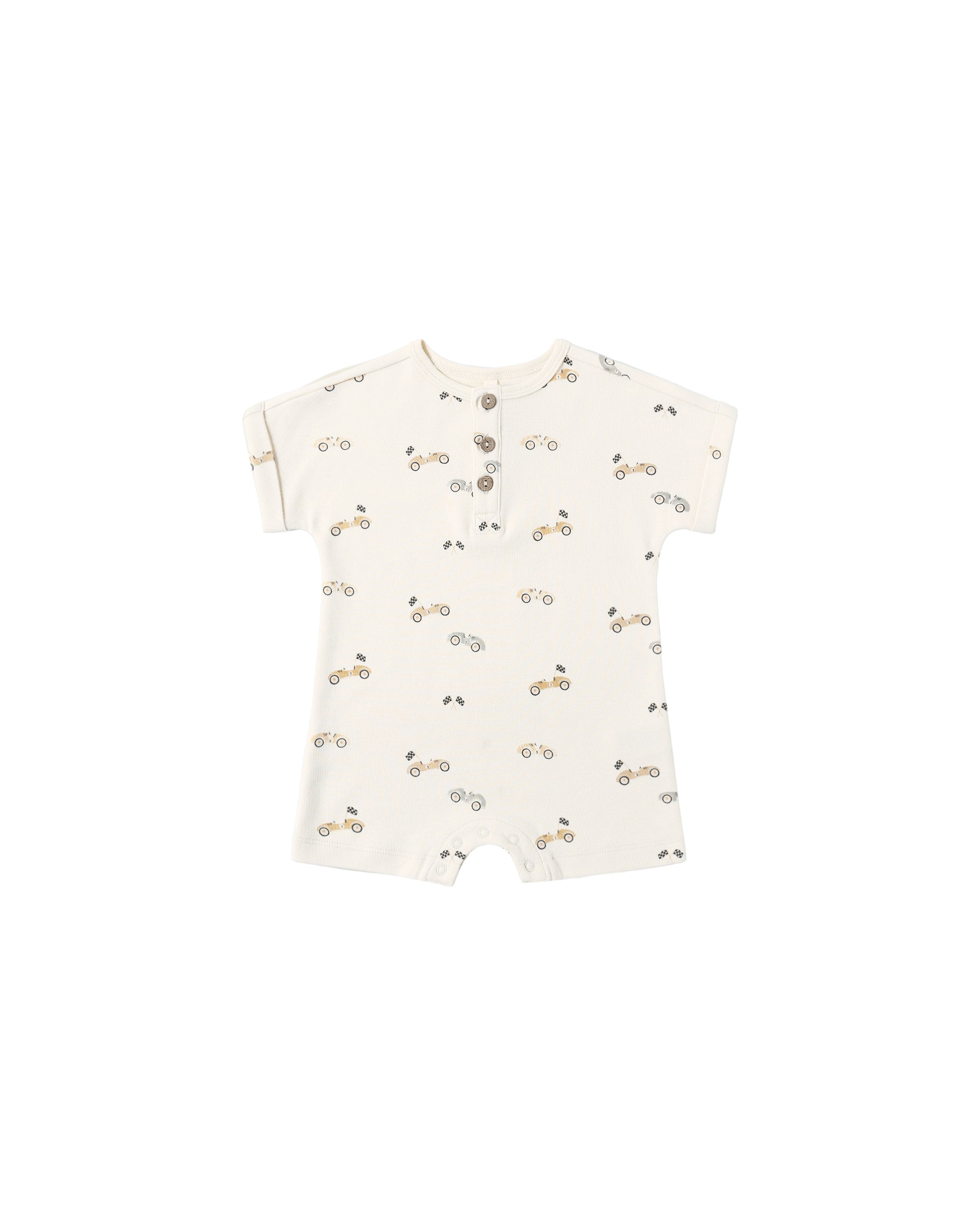 Natural-colored Quincy Mae race car short sleeve one-piece for babies, featuring a playful race car design on soft fabric.