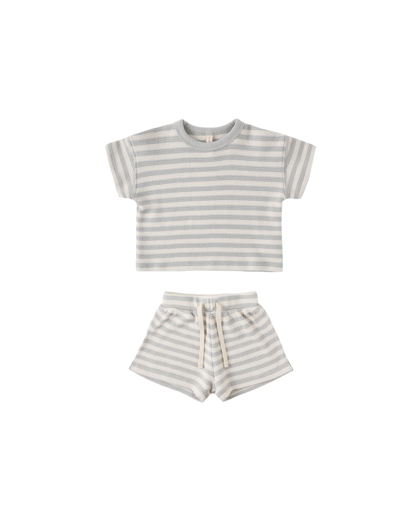 Sky blue waffle tee and shorts set for kids by Quincy Mae, featuring a cozy, textured fabric and casual summer style.