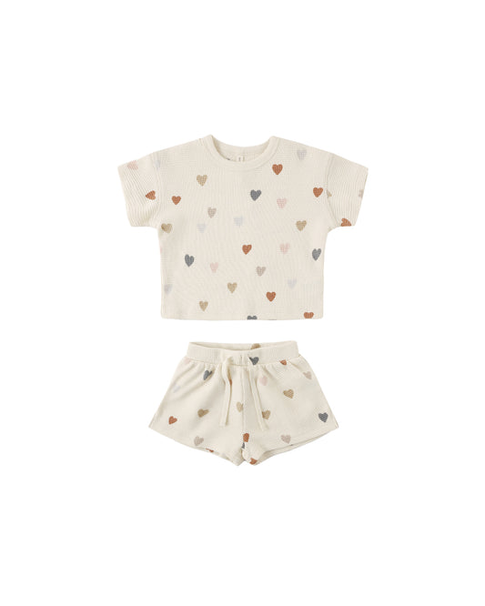 Natural-colored Quincy Mae confetti hearts waffle tee and shorts set, featuring a cozy, playful knit fabric design.