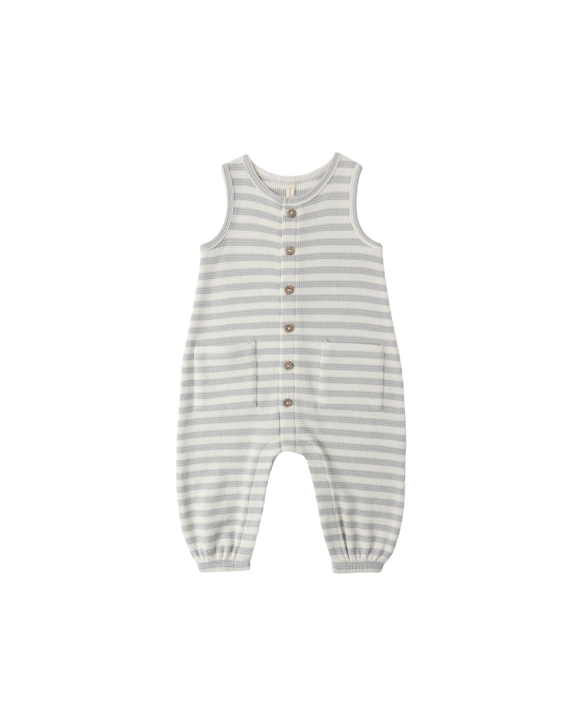 Quincy Mae Sky Stripe Waffle Jumpsuit with long sleeves and button details, made from soft, textured fabric for comfortable wear.