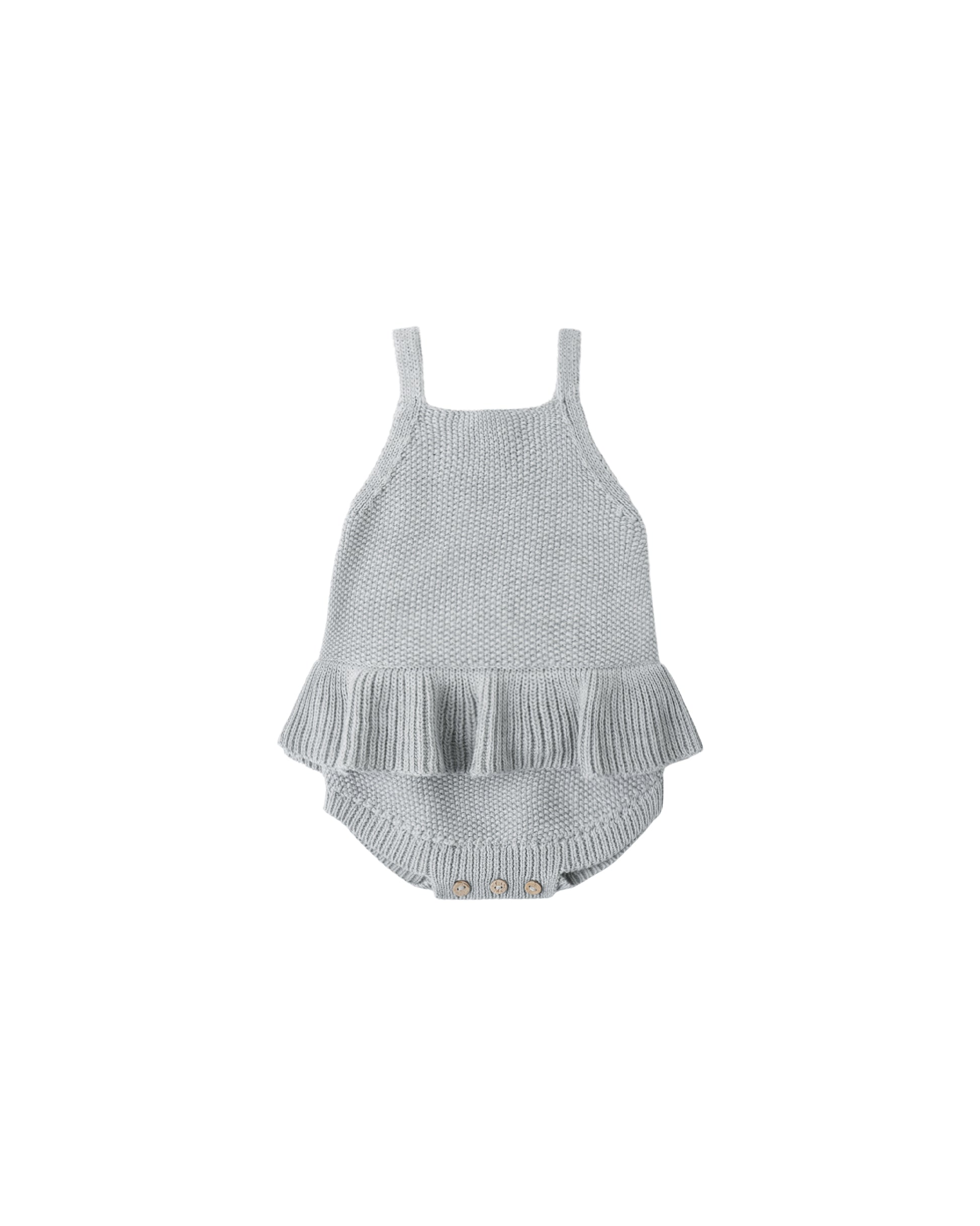 Heathered sky blue knit ruffle romper for babies, featuring soft fabric and cute ruffle details from Quincy Mae.