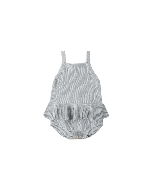 Heathered sky blue knit ruffle romper for babies, featuring soft fabric and cute ruffle details from Quincy Mae.