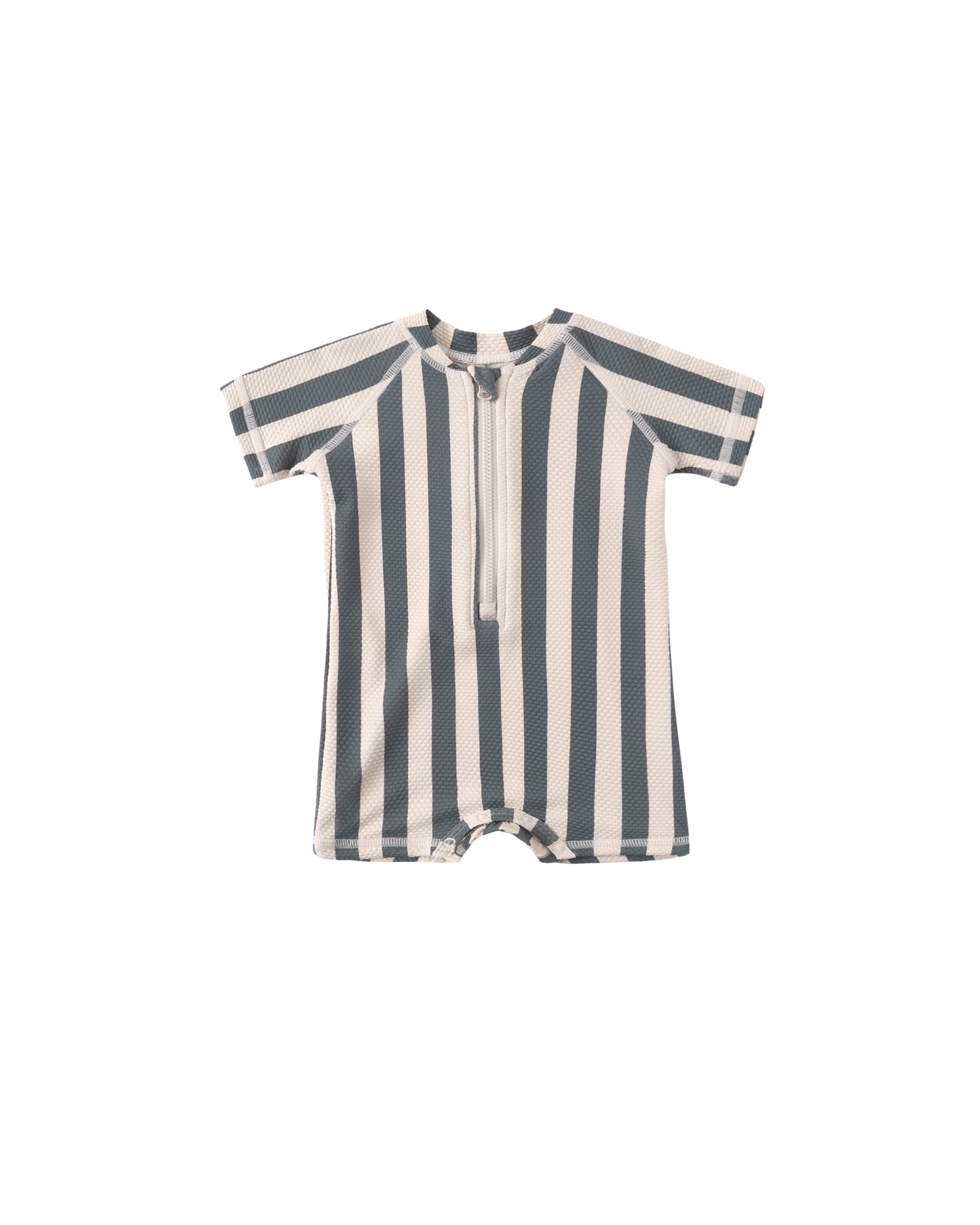 Quincy Mae Retro Ocean Stripe Zip Rashguard One Piece for girls, featuring colorful ocean-inspired stripes and a front zipper.