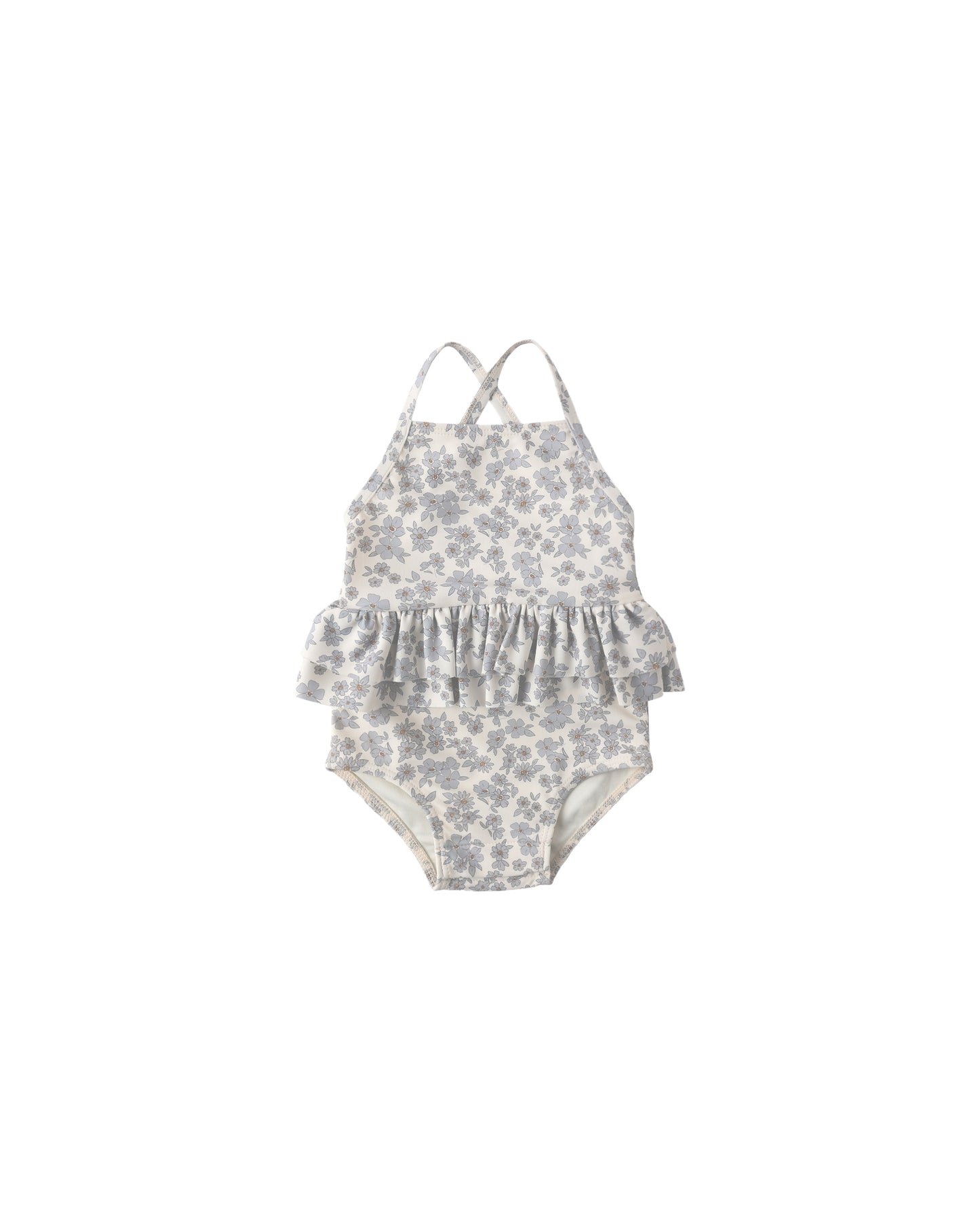 Blue floral ruffled one-piece swimsuit by Quincy Mae featuring a stylish design and ruffled details, perfect for summer swimwear.