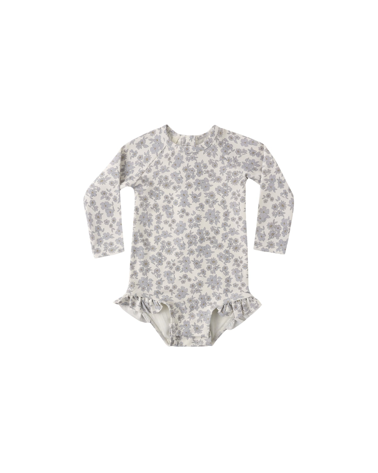 Blue floral Olivia rashguard one-piece swimsuit by Quincy Mae, featuring a vibrant floral pattern and long sleeves for sun protection.