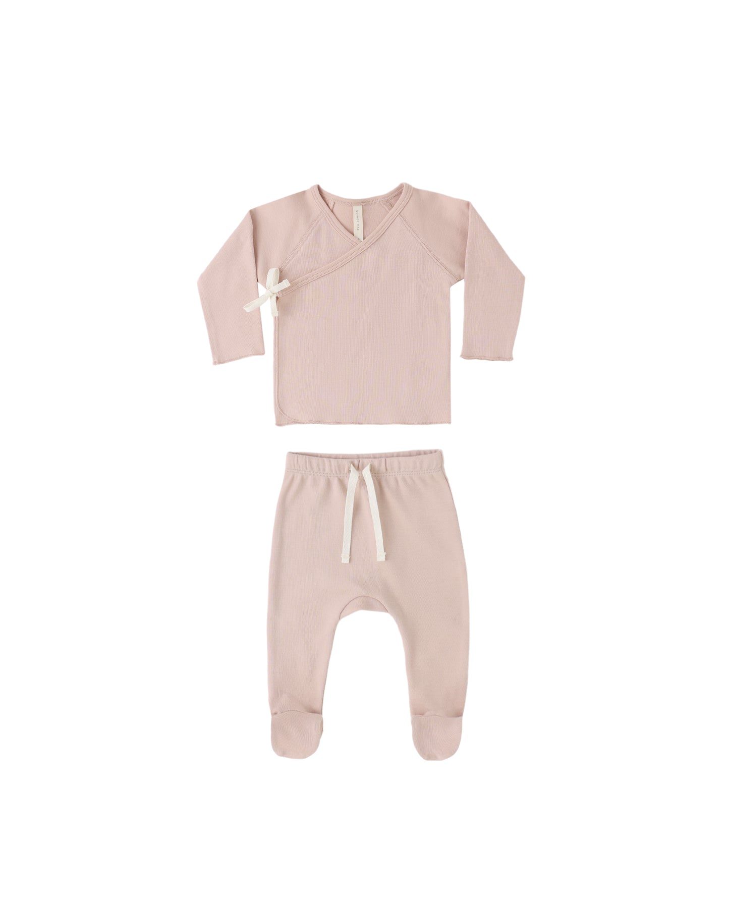 Quincy Mae blush wrap top and footed pant set for babies, soft and cozy, with a stylish wrap design and footed features.