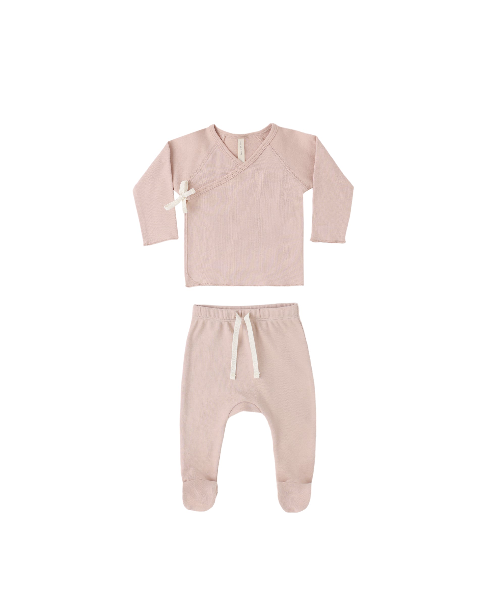 Quincy Mae blush wrap top and footed pant set for babies, soft and cozy, with a stylish wrap design and footed features.