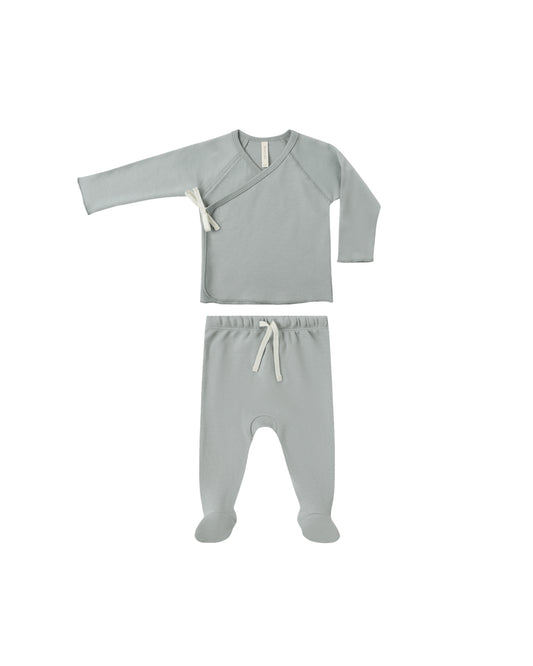 Steel Blue Wrap Top + Footed Pant Set