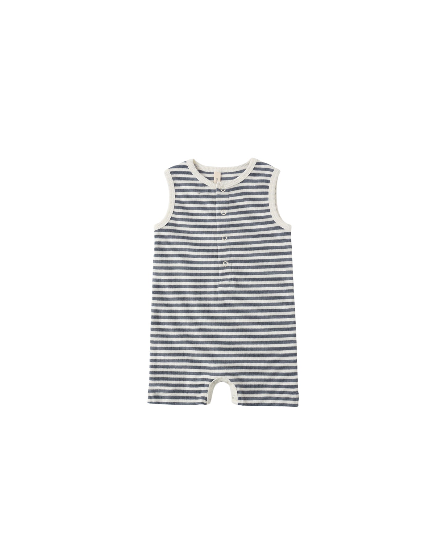 Quincy Mae Ocean Stripe Ribbed Henley Romper for infants, featuring a blue and white striped design and snap buttons.