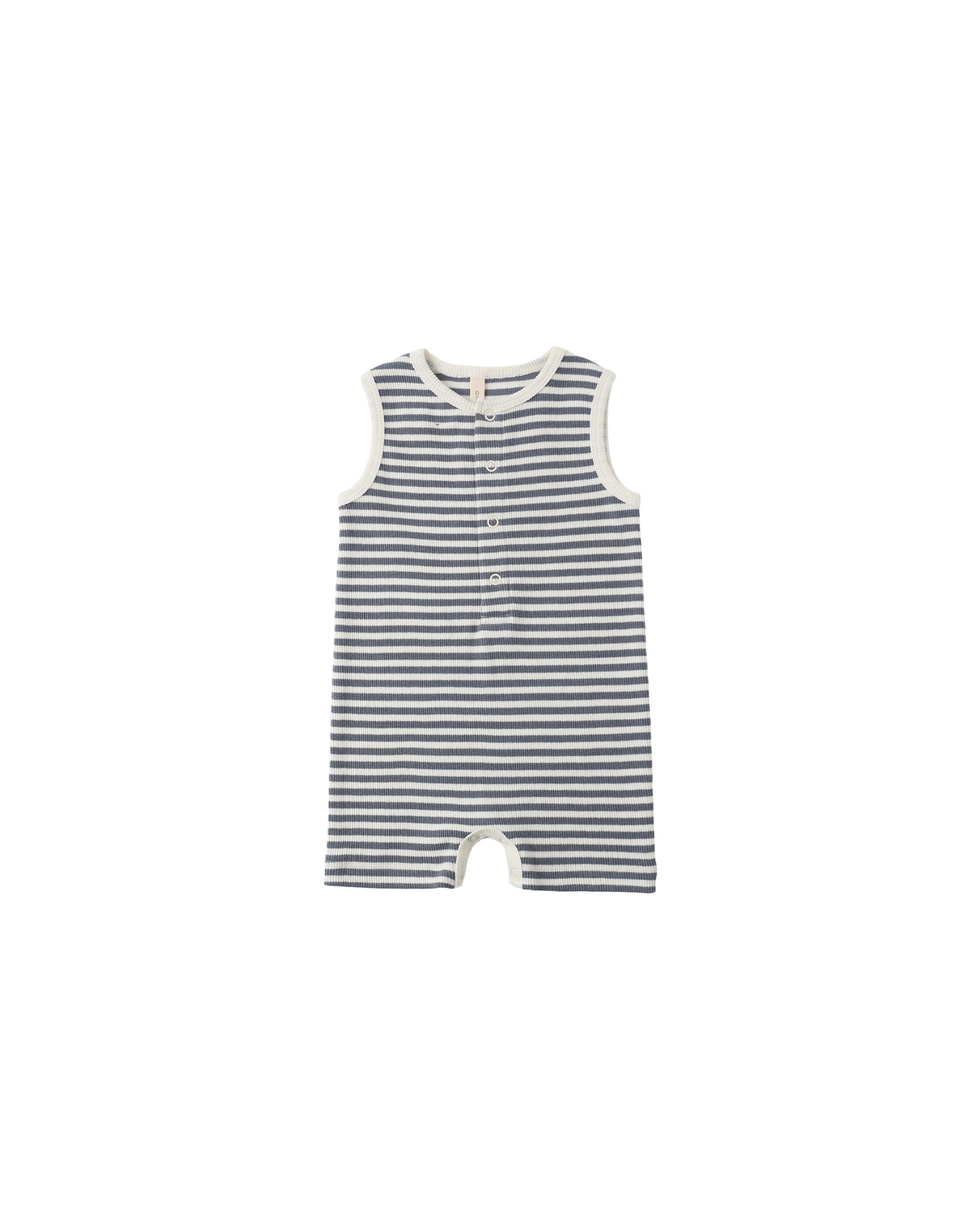 Quincy Mae Ocean Stripe Ribbed Henley Romper for infants, featuring a blue and white striped design and snap buttons.