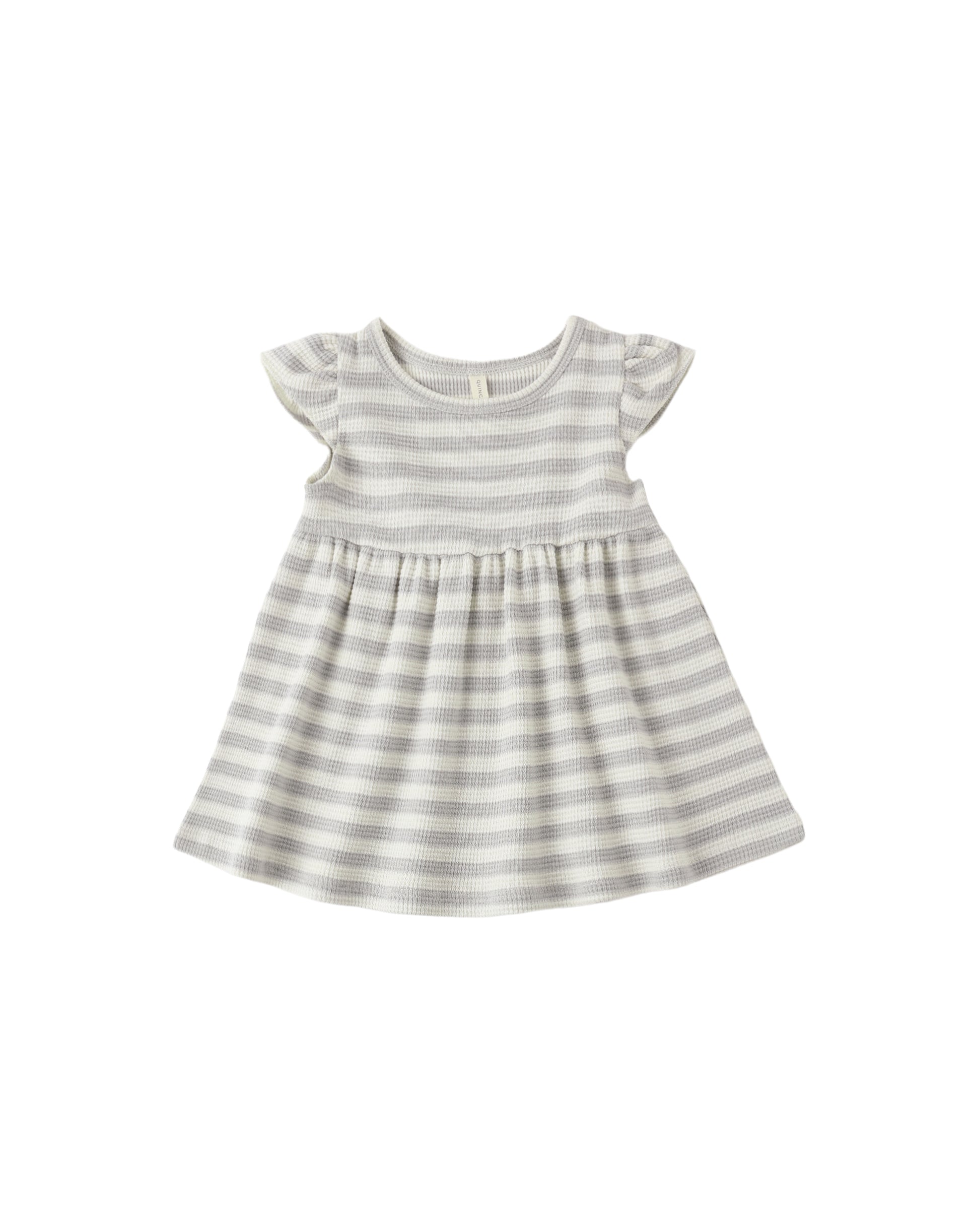 Sky blue Quincy Mae Flutter Sleeve Dress with sky stripe pattern, featuring flutter sleeves and a comfortable, casual design.