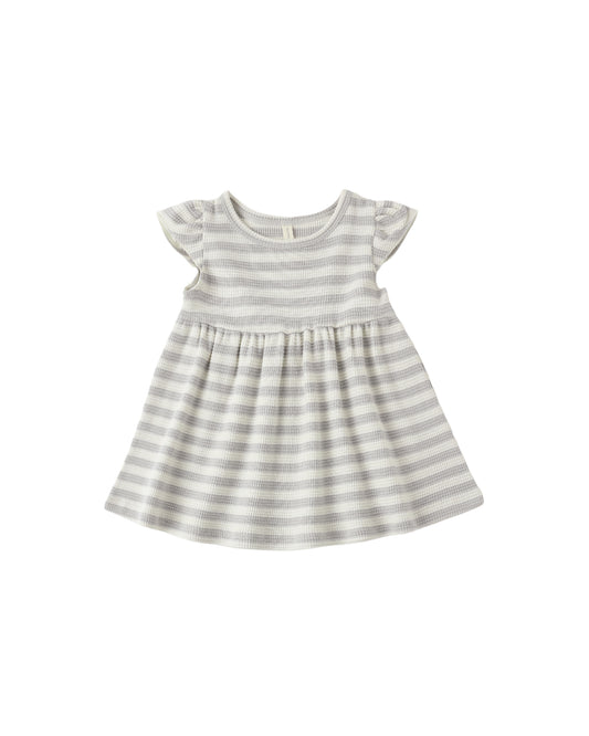 Sky blue Quincy Mae Flutter Sleeve Dress with sky stripe pattern, featuring flutter sleeves and a comfortable, casual design.