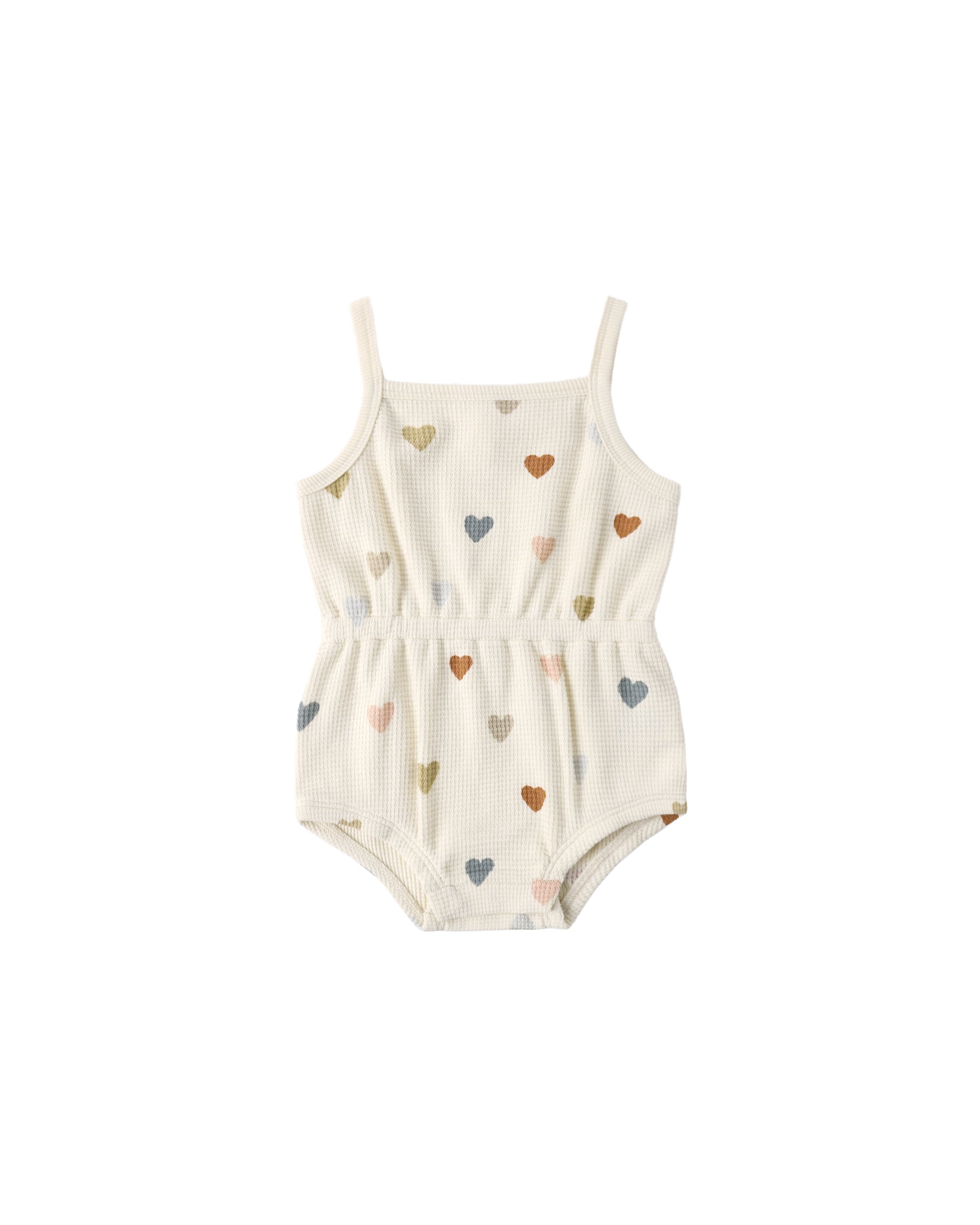 Natural-colored Quincy Mae confetti hearts waffle cinch romper for babies, featuring a soft, textured fabric and cinched waist design.