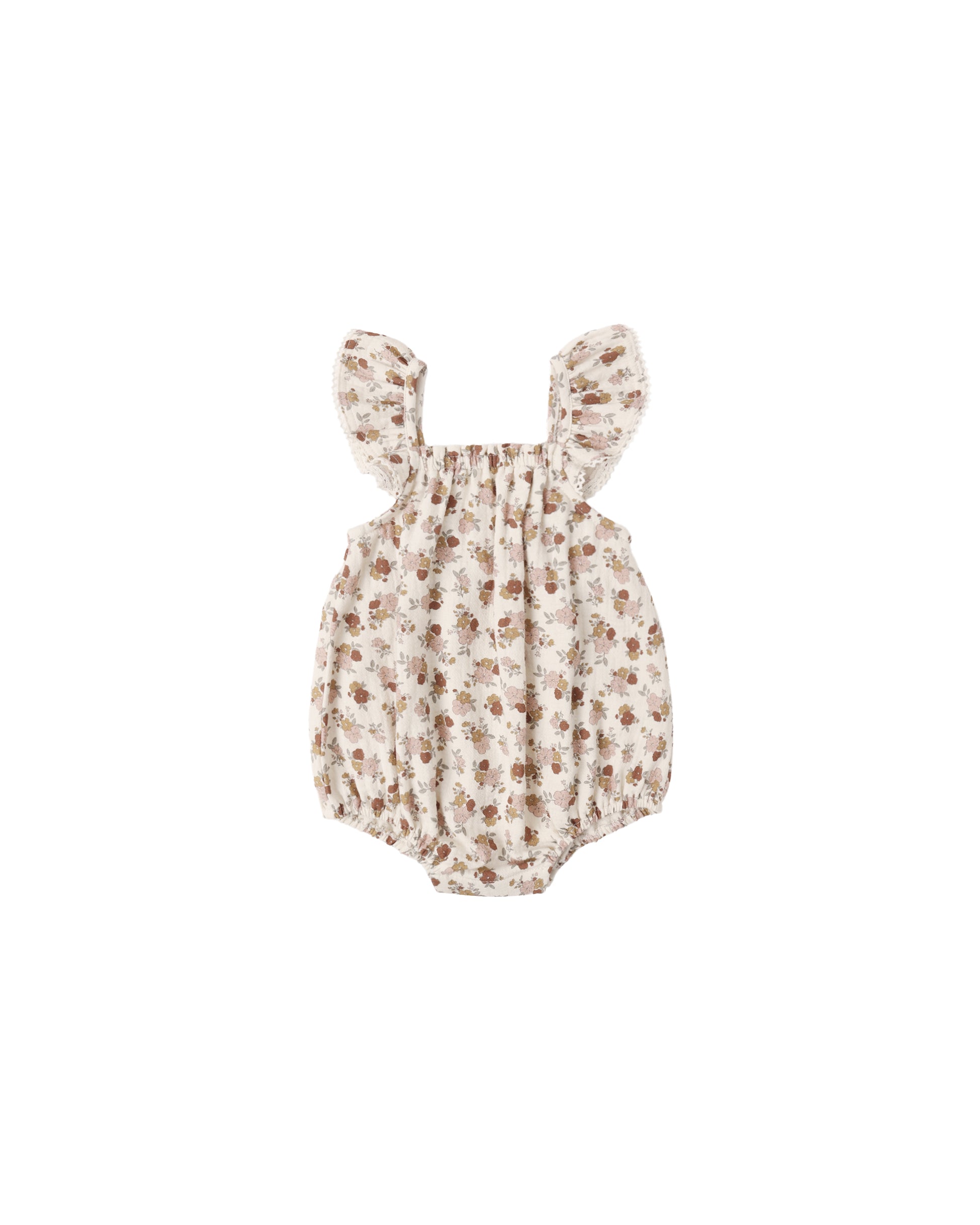 Natural-colored Bloom Bonnie romper for babies by Quincy Mae, featuring soft fabric and comfortable fit.