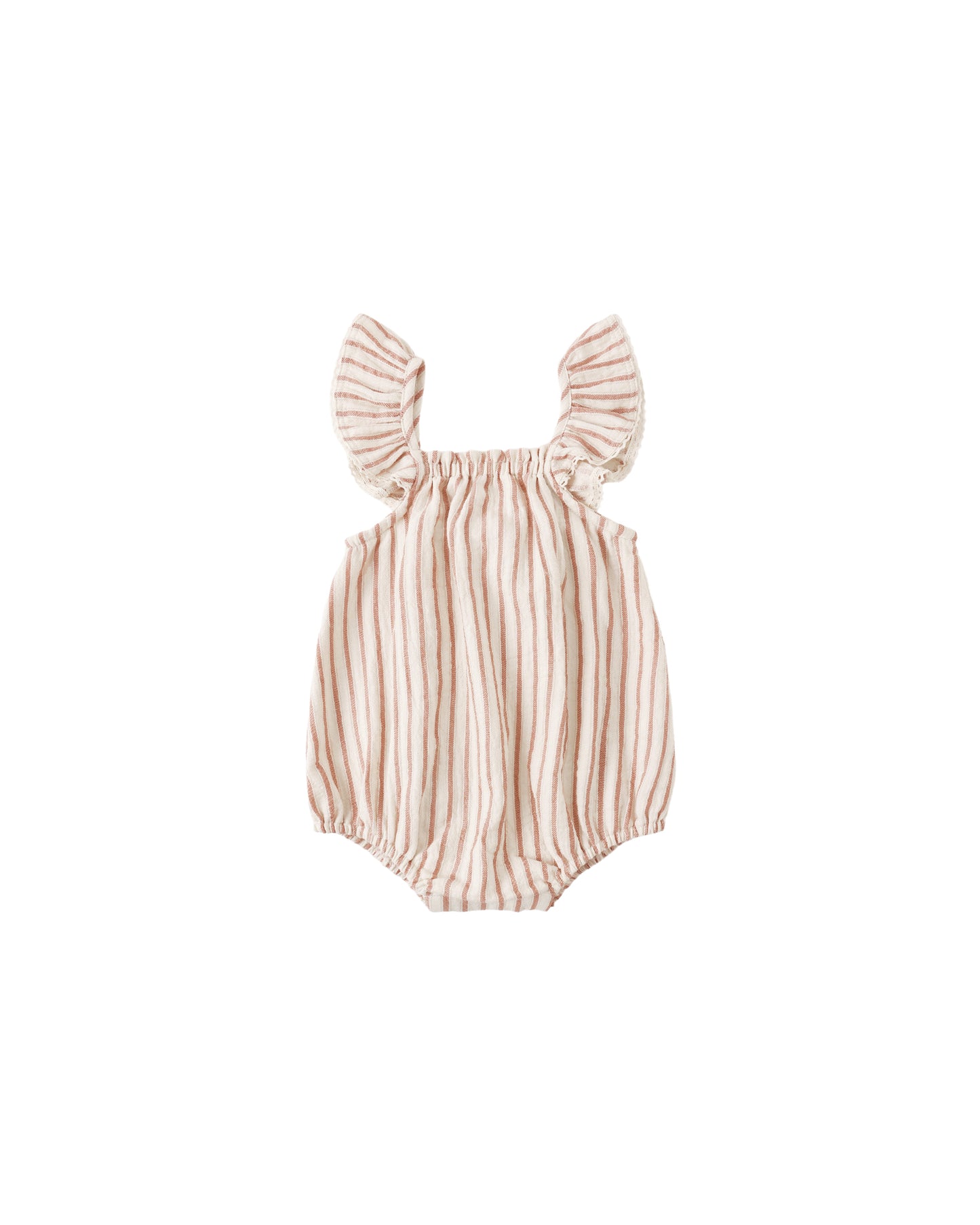 Natural-colored vintage stripe Bonnie romper by Quincy Mae, featuring a soft, breathable fabric and classic design.