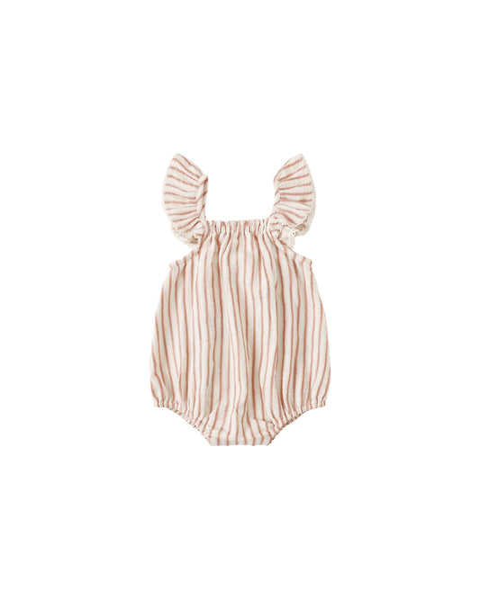 Natural-colored vintage stripe Bonnie romper by Quincy Mae, featuring a soft, breathable fabric and classic design.