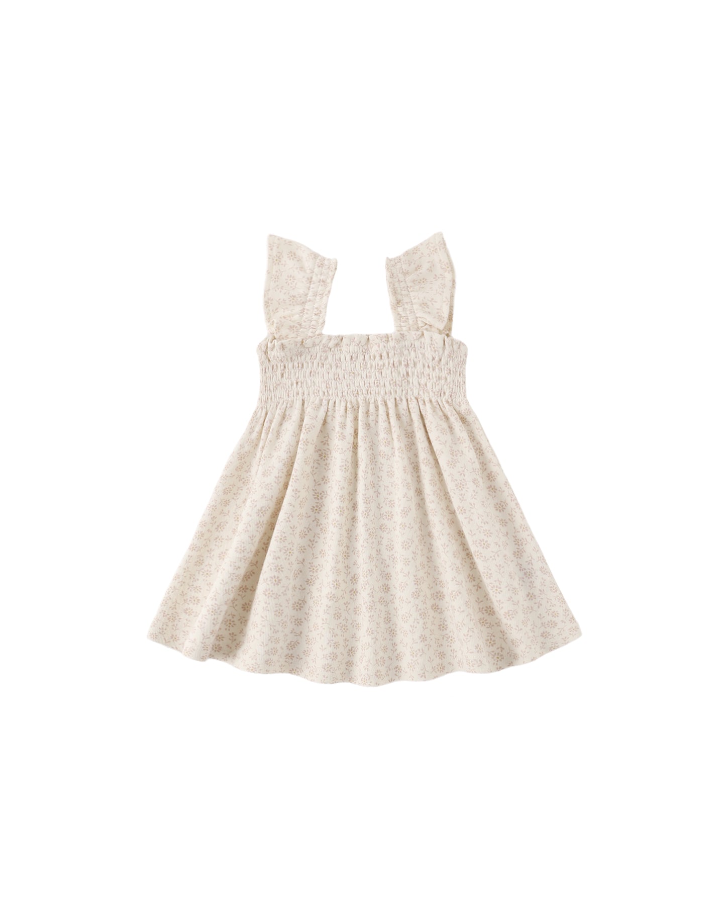 Light ivory Quincy Mae Ditsy Smocked Jersey Dress with delicate smocking and a relaxed fit, perfect for casual or special occasions.