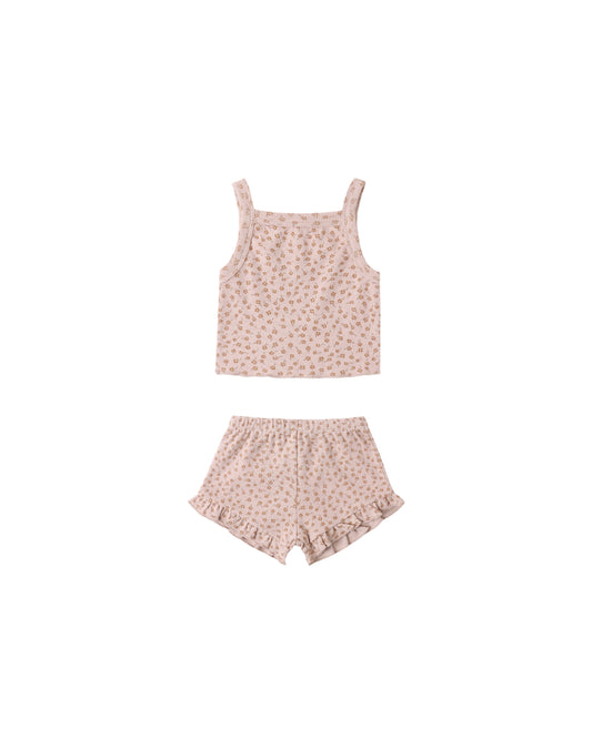 Quincy Mae Posy Evie tank top and shortie set in blush pink, soft cotton fabric, perfect for comfy everyday wear.