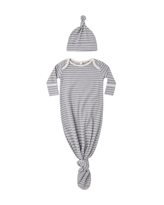 Slate Microstripe Knotted Baby Gown + Hat Set