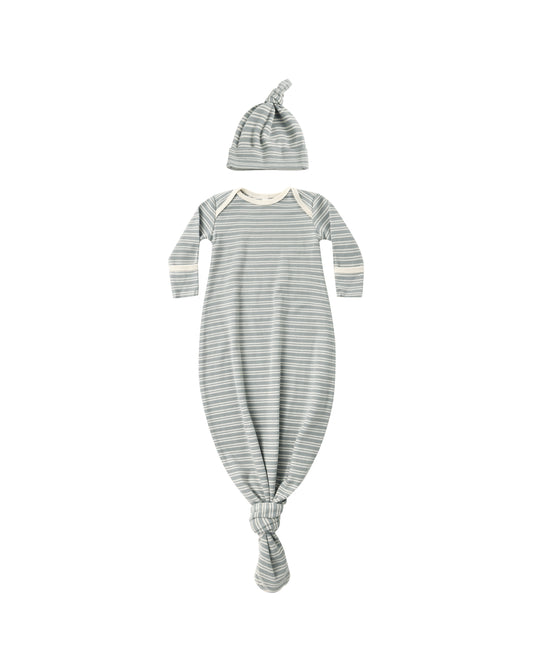 Steel Blue Microstripe Knotted Baby Gown + Hat Set