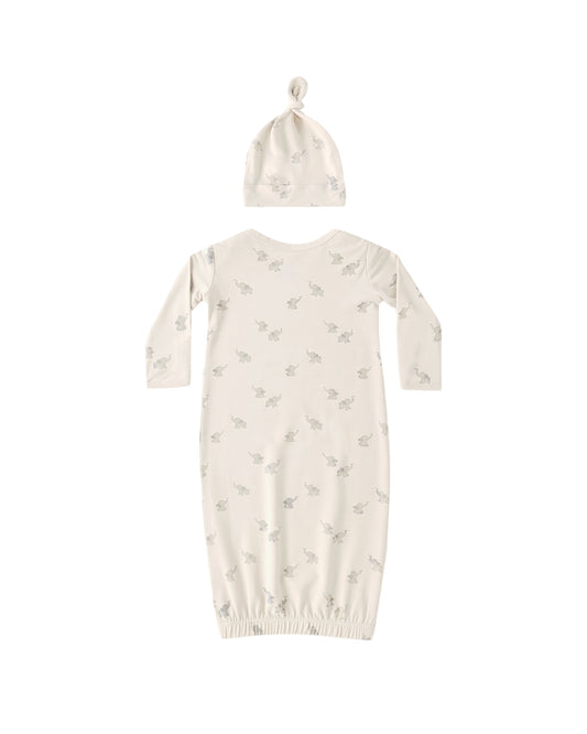 Natural bamboo baby gown and hat set featuring adorable elephant design from Quincy Mae, perfect for cozy, stylish infant wear.