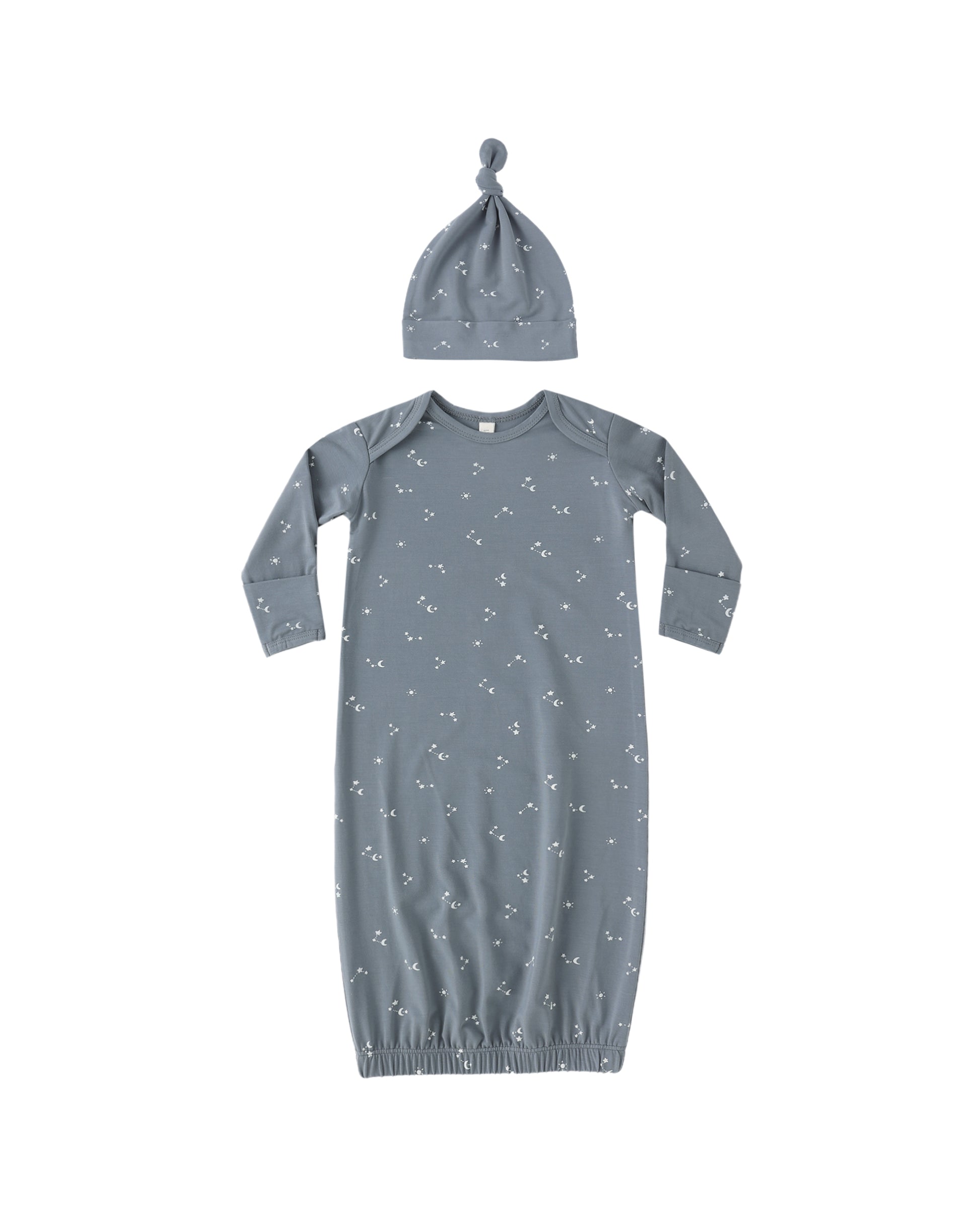 Quincy Mae Starlight Bamboo baby gown with matching hat in ocean blue, soft and cozy for newborns.