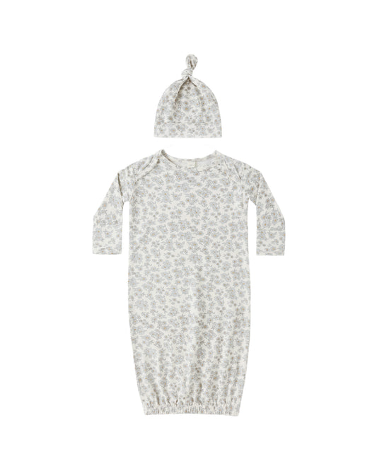 Blue floral bamboo baby gown and hat set by Quincy Mae, featuring soft bamboo fabric and delicate floral print for infants.