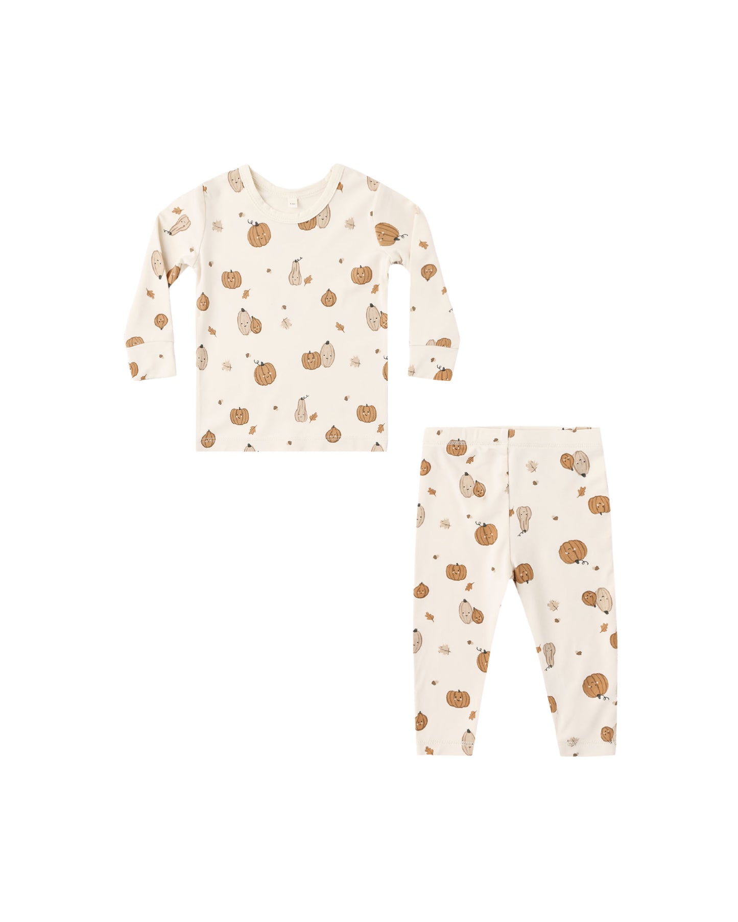 Natural bamboo pajama set for kids from Quincy Mae featuring soft, breathable fabric and playful harvest-themed design.