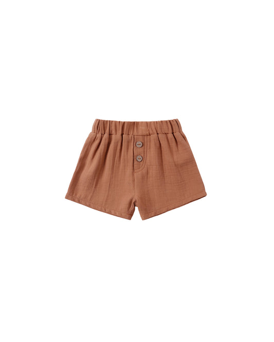 Quincy Mae Poppy Woven Shorts in a soft, colorful woven fabric, featuring a relaxed fit and adjustable waistband for children.