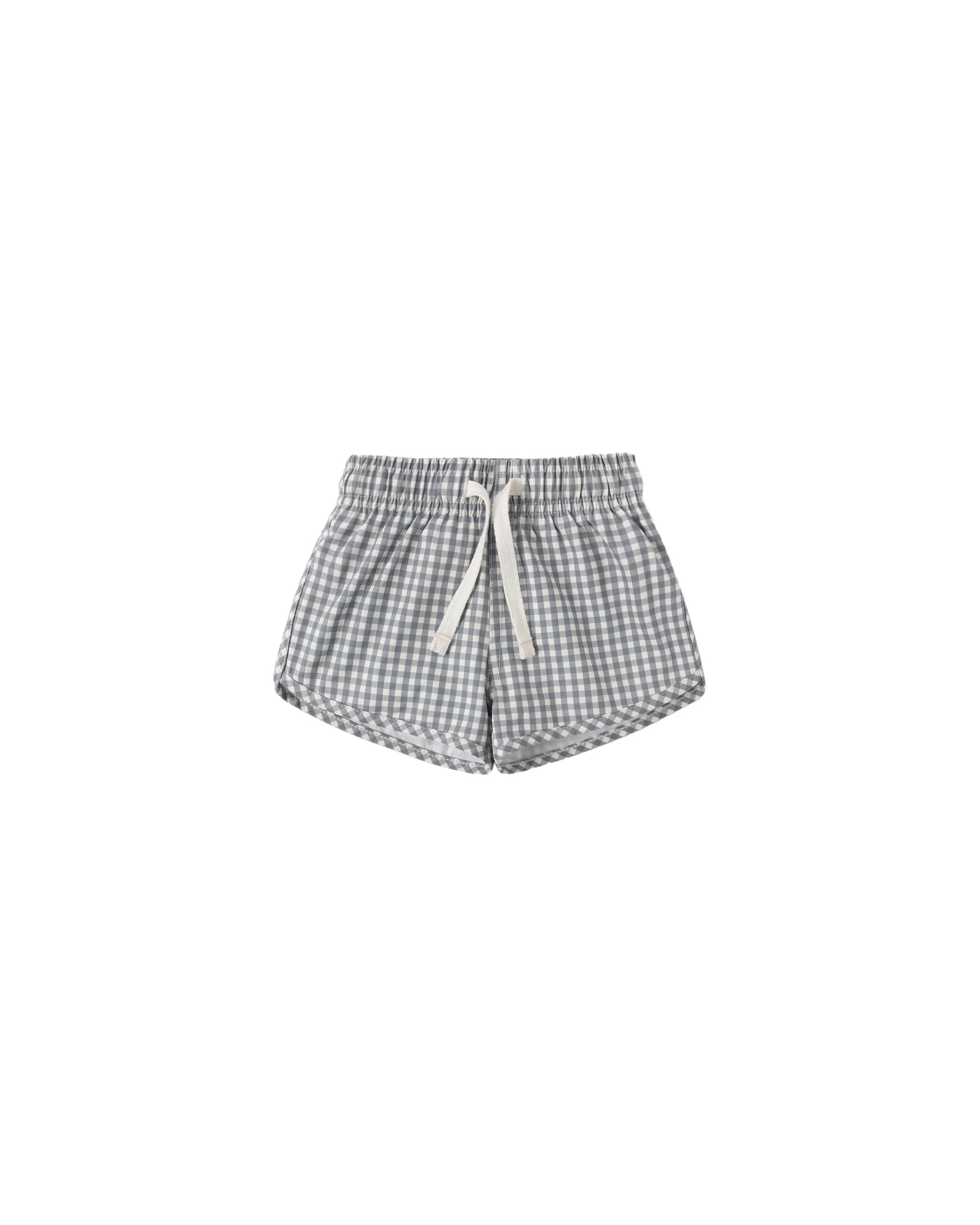 Ocean Gingham boys' swimshort by Quincy Mae featuring navy and white gingham pattern with elastic waist and ruffle trim.