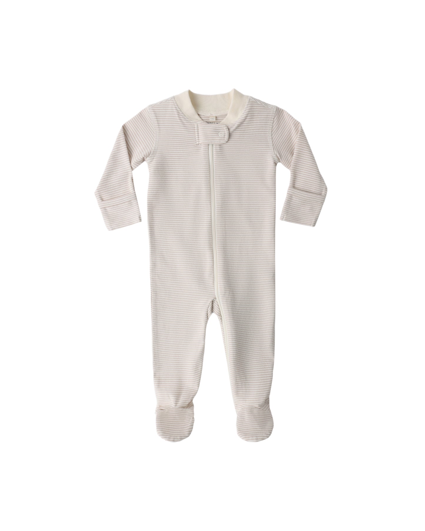 Oat-colored Quincy Mae micro stripe zip-up long sleeve sleeper footie for babies, featuring a cozy, soft fabric and front zipper closure.