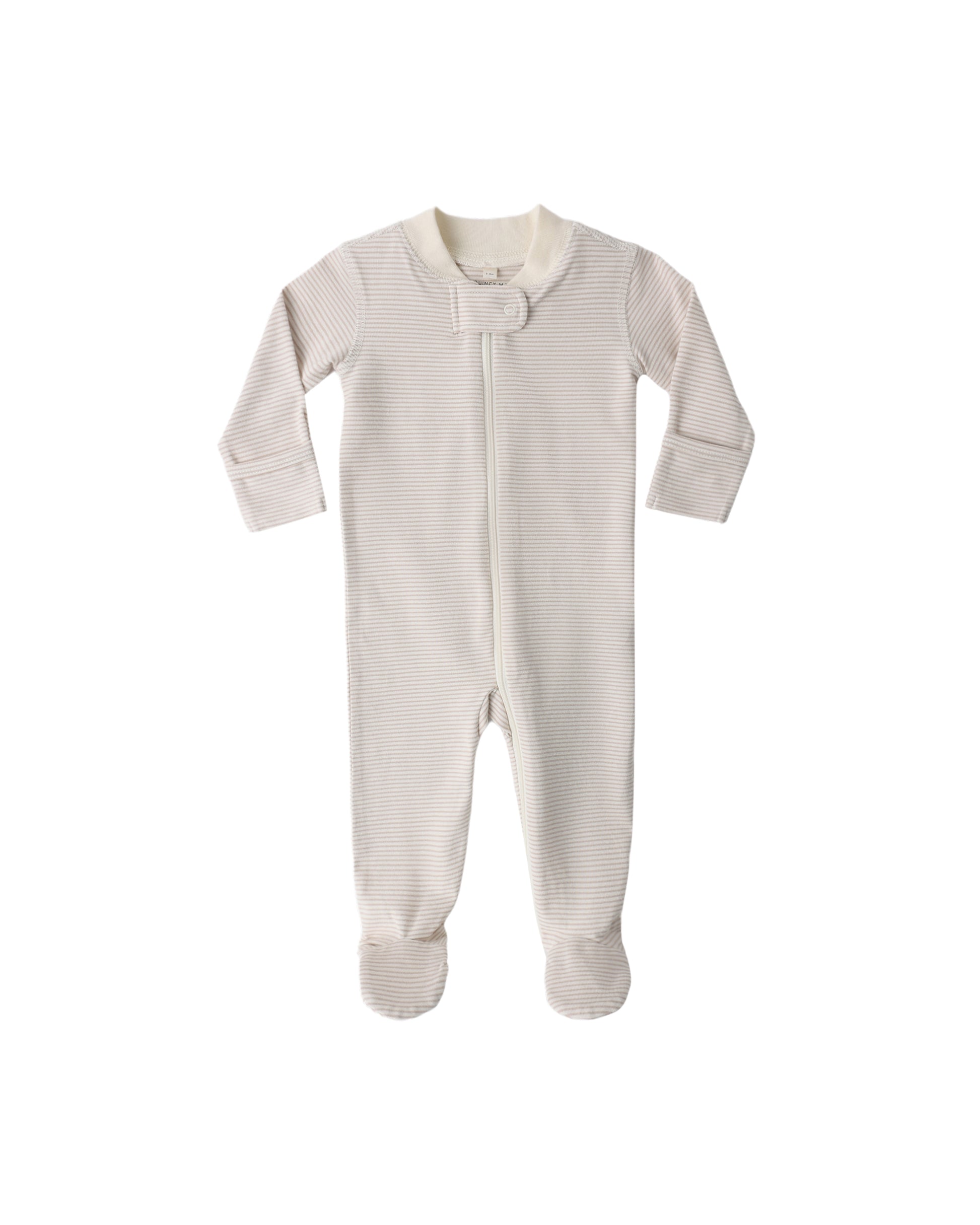 Oat-colored Quincy Mae micro stripe zip-up long sleeve sleeper footie for babies, featuring a cozy, soft fabric and front zipper closure.
