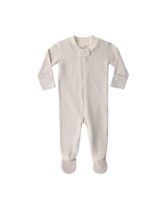 Quincy Mae oat micro stripe zip-up long sleeve sleeper footie for infants, featuring cozy, soft fabric and full-length zipper.