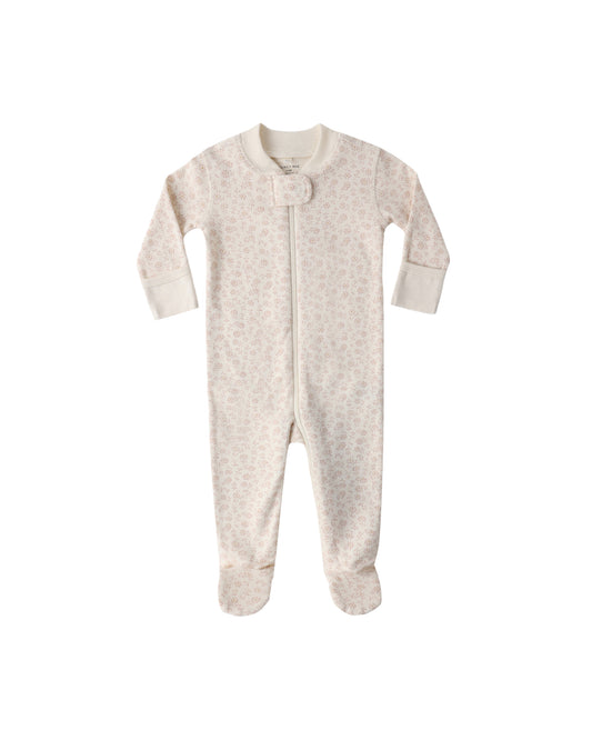Quincy Mae Ditsy Zip Long Sleeve Sleeper Footie in ivory with floral print, featuring a front zipper and cozy long sleeves.