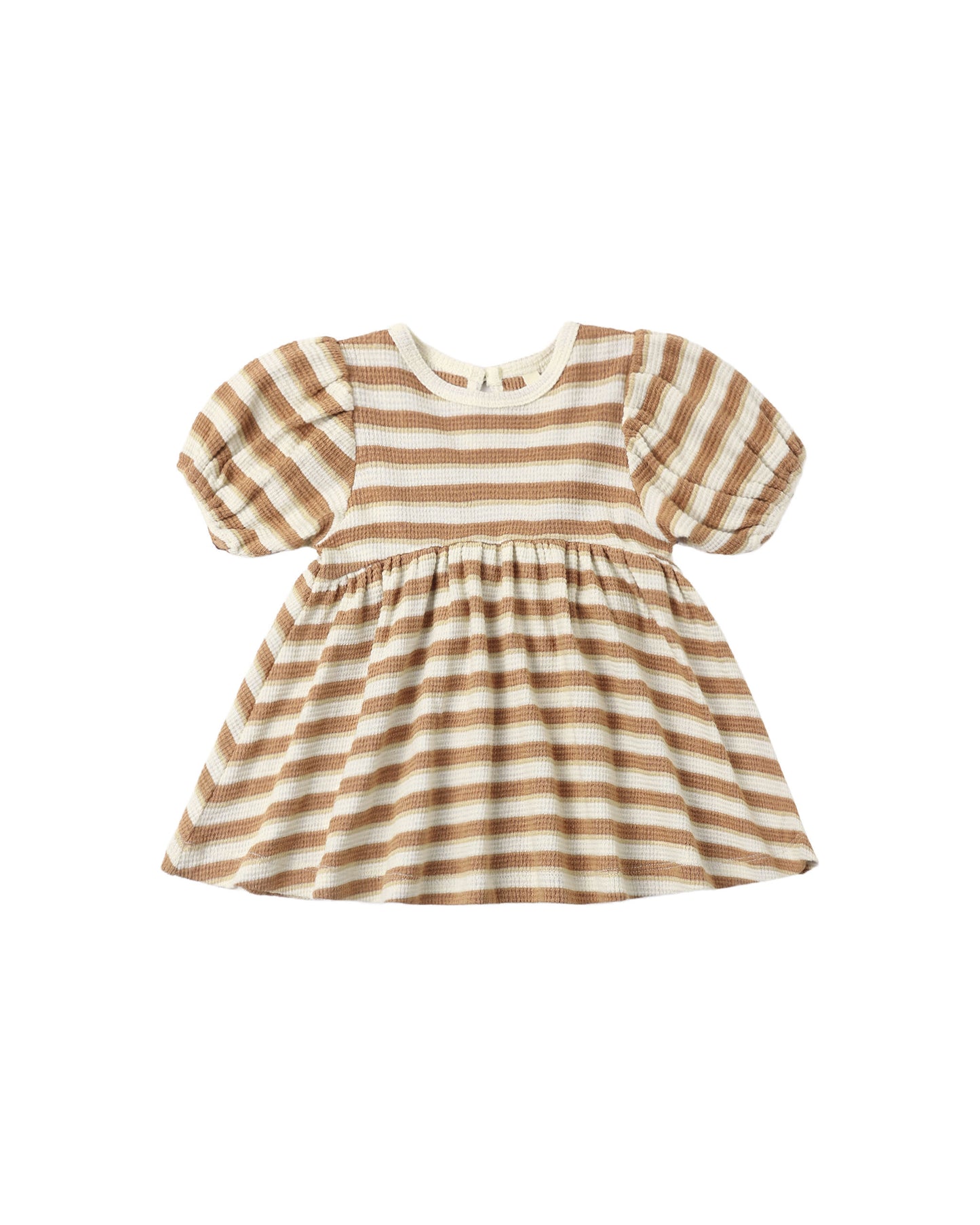 Quincy Mae Spice Stripe Darla Dress in ivory with colorful stripe pattern, lightweight cotton fabric, and ruffled sleeves.
