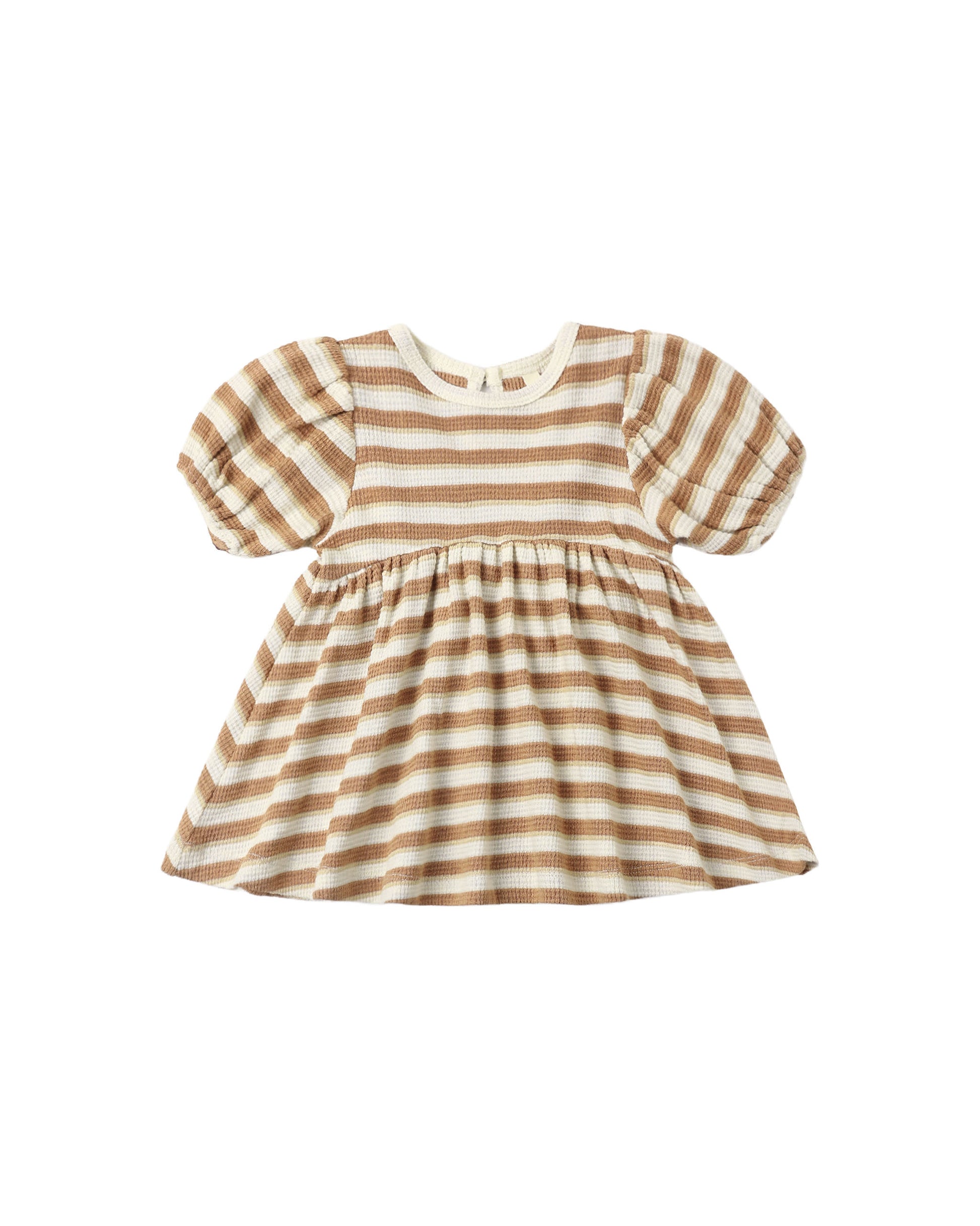 Quincy Mae Spice Stripe Darla Dress in ivory with colorful stripe pattern, lightweight cotton fabric, and ruffled sleeves.
