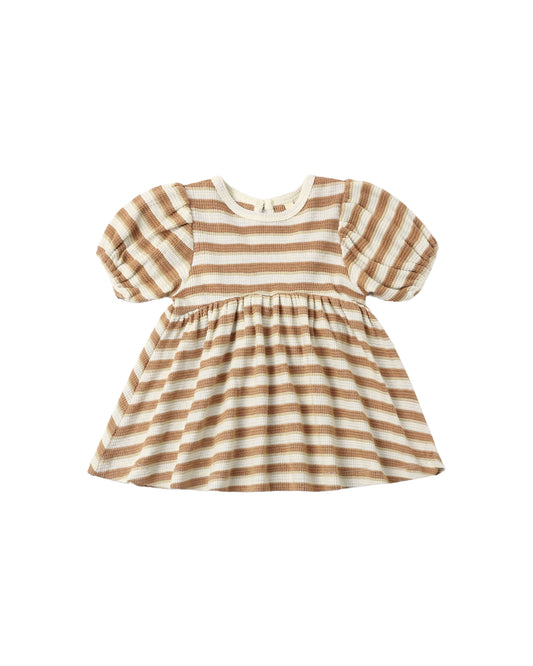 Quincy Mae Spice Stripe Darla Dress in ivory with colorful stripe pattern, lightweight cotton fabric, and ruffled sleeves.