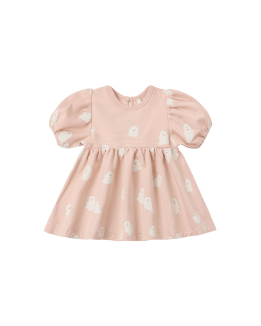 Sweet Ghost Darla dress by Quincy Mae in blush color, featuring soft fabric and a charming, delicate design for young children.
