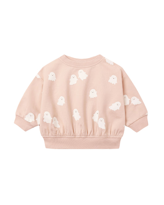 Sweet Ghost relaxed fleece sweatshirt by Quincy Mae in blush color, shown with soft fabric and casual fit.
