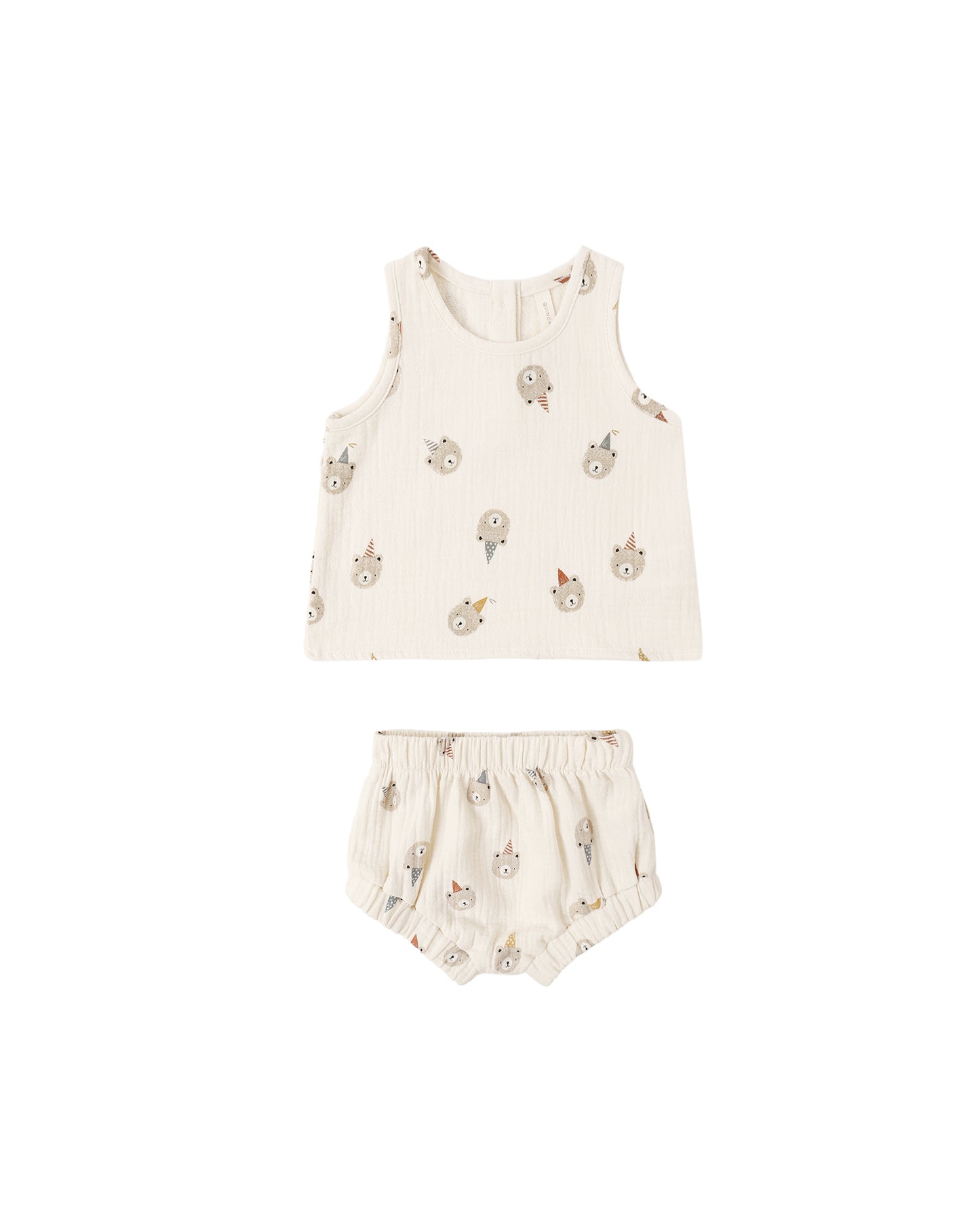 Natural woven tank top set for kids featuring playful bear illustrations, made by Quincy Mae.